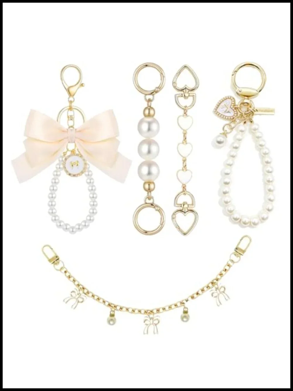 Pearl Bag Charm Set with Bow Keychain and Purse Extender Chain